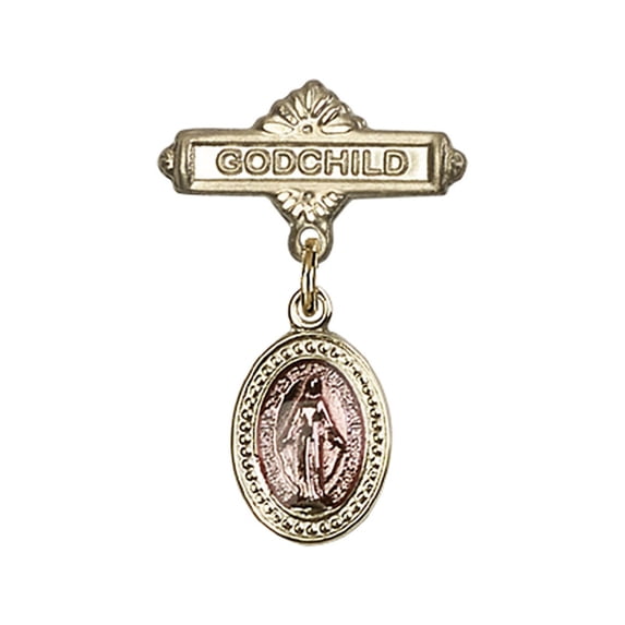 14kt Yellow Gold Baby Badge with Pink Miraculous Charm and Godchild Pin