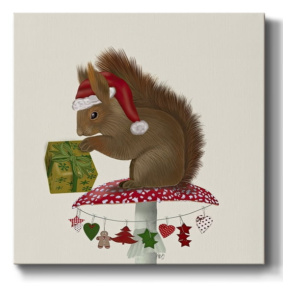 Red Squirrel on Christmas Mushroom- Gallery Wrapped Canvas