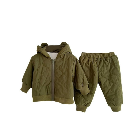 Odeerbi Toddler Boys Girls Winter Outfits Quilted Down Jacket Puffer Pants Set Fashion Children Casual Thermal Warm Long Sleeve Hooded Padded Coats Outerwear Set Olive Green