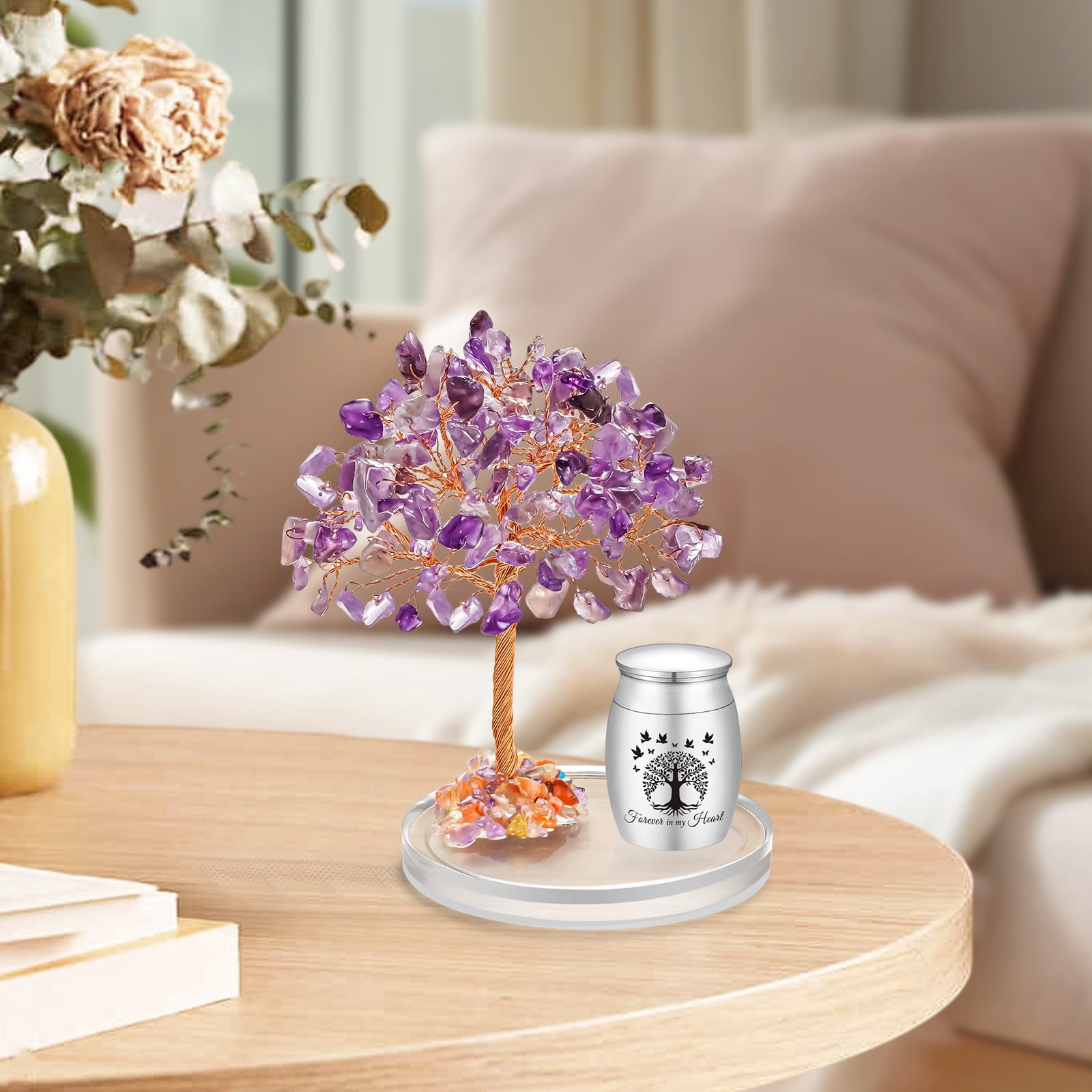 Small Urns for Human Ashes Cremation Keepsakes Urn Stainless Steel 1.57 inches Mini Urn for Human Ashes with Amethyst Crystal Tree Decorative Urn Tree of Life Cremations Ash Keepsake