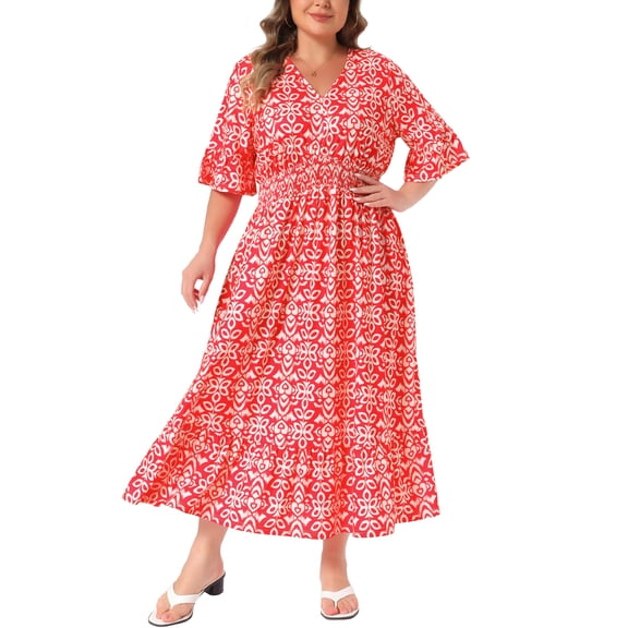 Agnes Orinda Women's Plus Size Bell Half Sleeves V Neck Boho A Line Long Dresses 1X Red