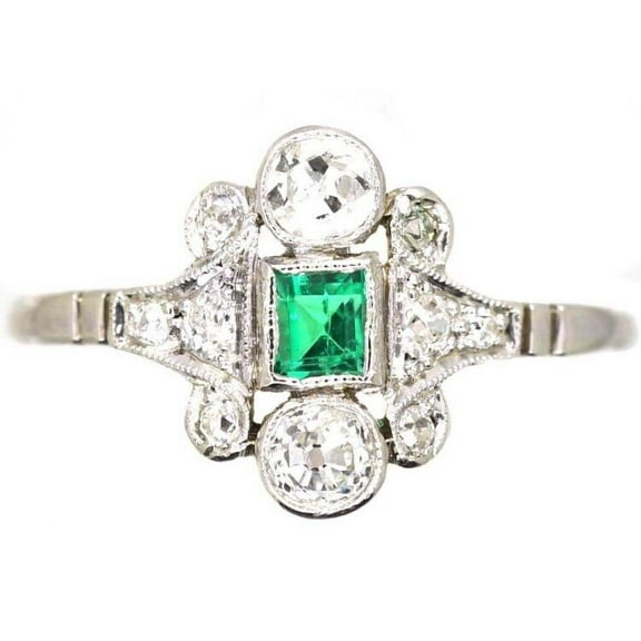Milgrain Bezel Set Diamond Ring, Princess Cut Green Emerald Diamond Ring, Cluster Diamond Engagement Ring, Birthstone Ring, 1.6 Ct Simulated Emerald, 925 Sterling Silver, Ring For Her