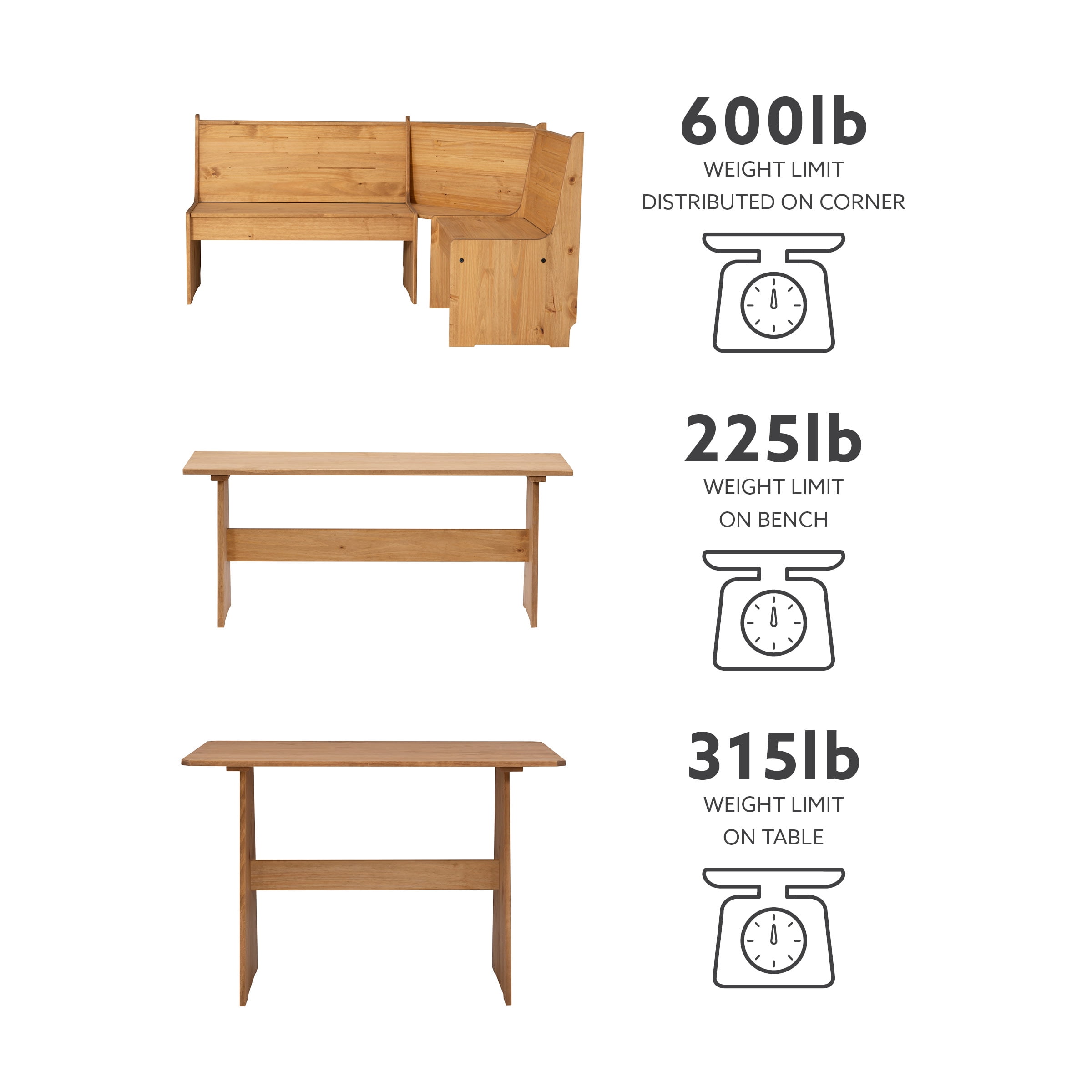 Linon Wickford 3-Piece Coastal Corner Breakfast Nook Dining Set with Storage, Natural