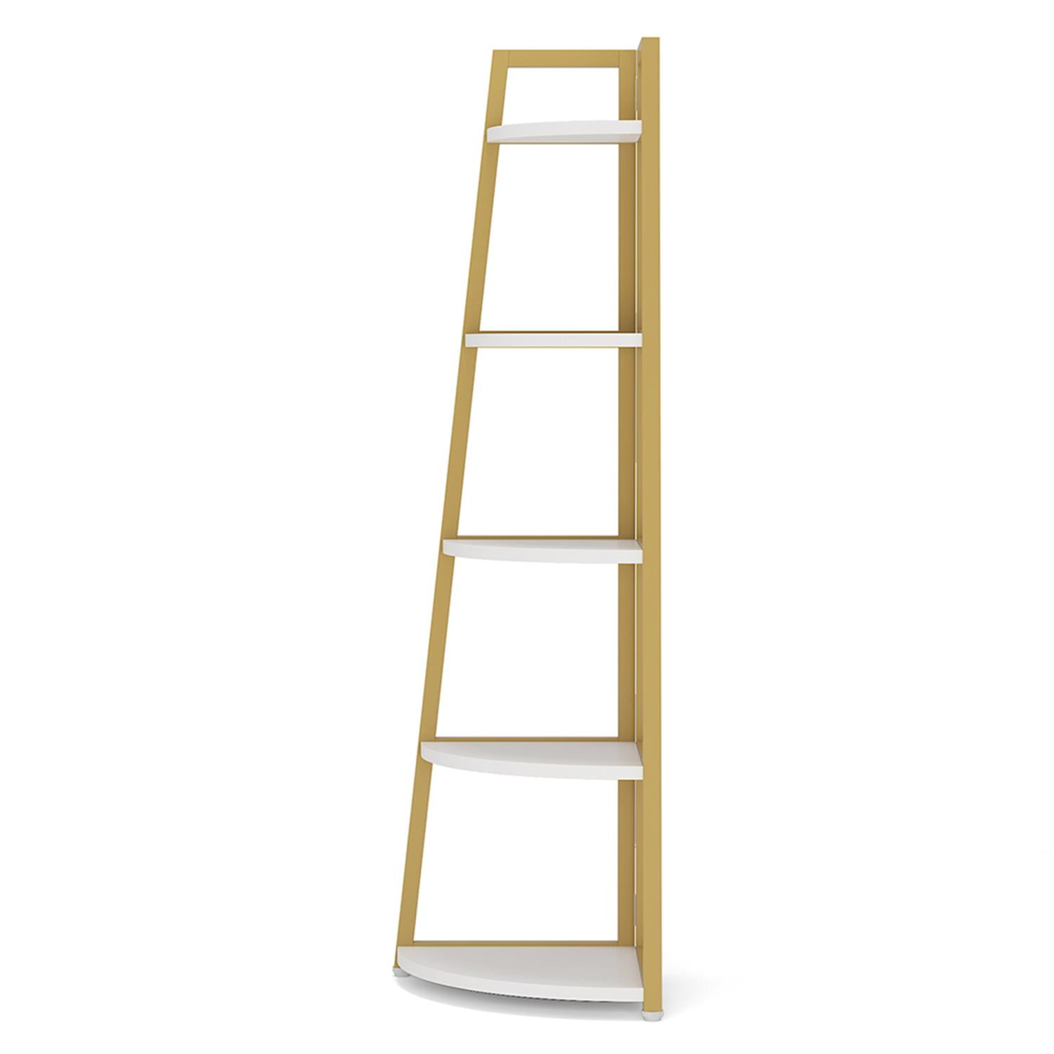 Demi Bonn 5-Tier Corner Bookshelf, Wood and Metal Bookcase Storage Organizer, 70" Tall Display Standing Shelf Unit for Bedroom, Living Room, Gold