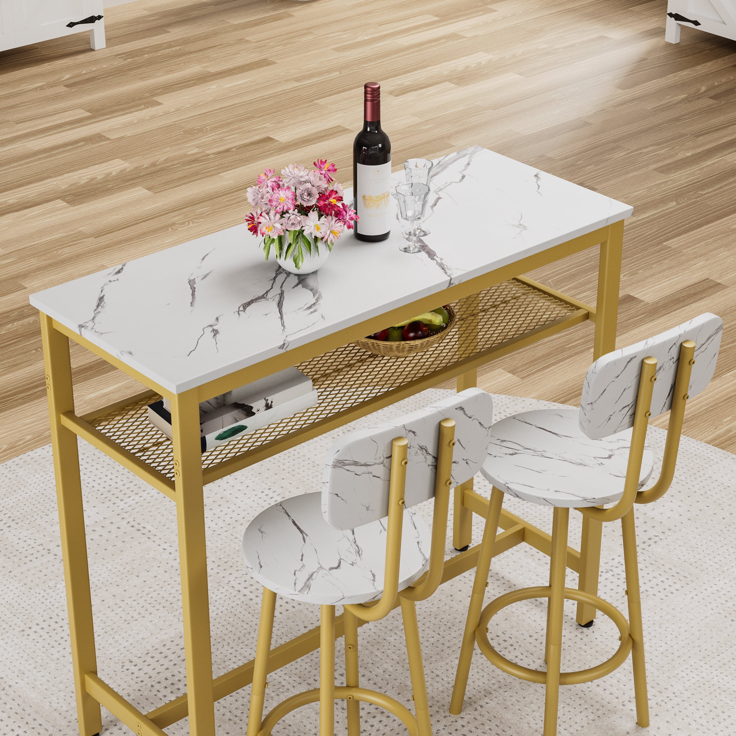 3-Piece Bar Table Set,Bistro Kitchen Table Sets with Metal Frame & Storage Rack,Modern Counter Height Table with 2 Stools for Kitchen, Dining Room, Living Room,