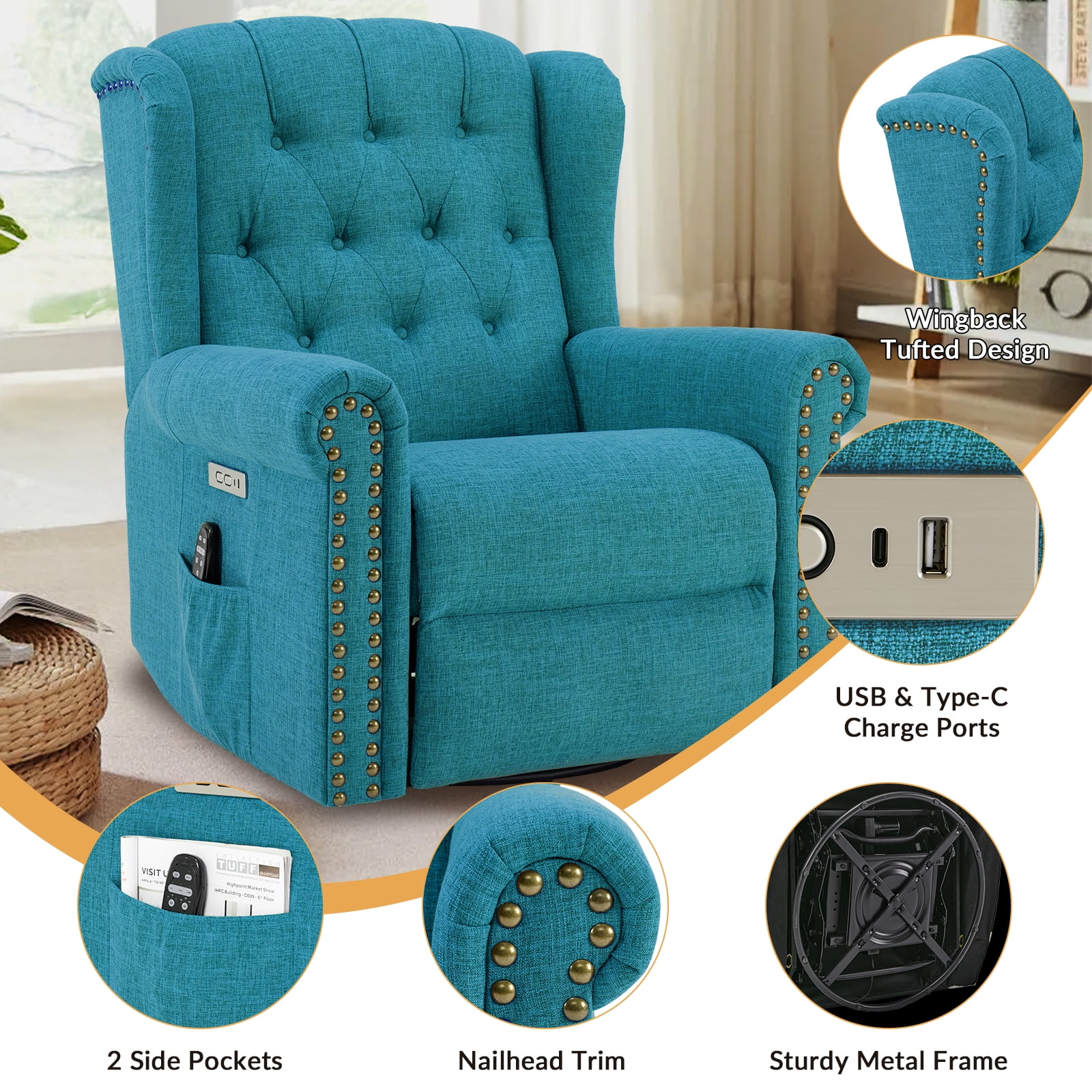 OUINCH Power Swivel Rocking Glider Recliner Chair, Electric Nursery Reclining Sofa Chair with Heat and Massage, Wingback Tufted Upholstered Recliner for Living Room, USB and Type-C Ports, Teal