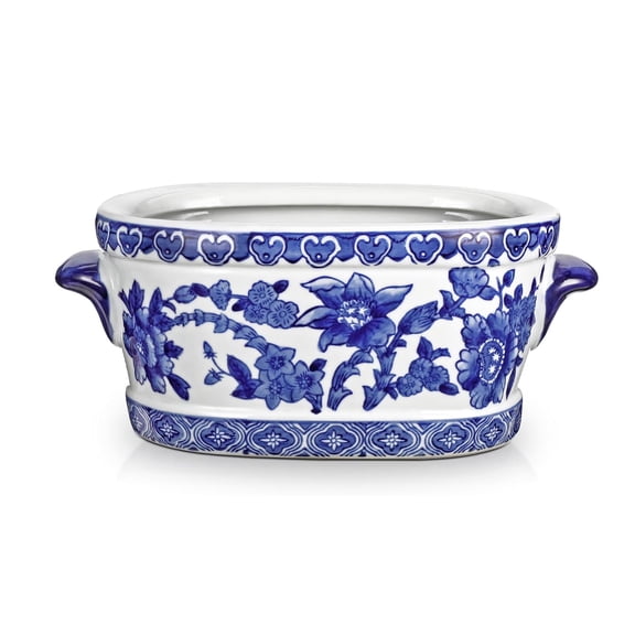 Blue and White Ceramic Planter Pot Vintage Floral Oval Cachepot Vase Glazed Chinoiserie Porcelain Style Decorative Bowl Vase No Drainage