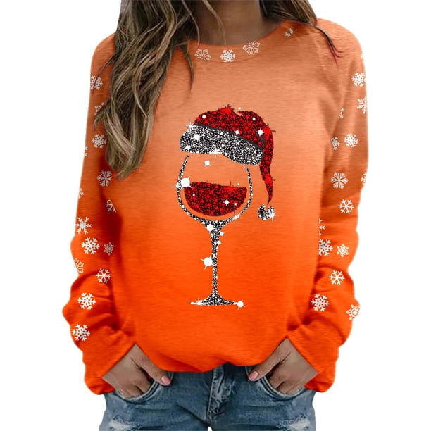 Gibobby Sudaderas navideñas Moda para mujer Navidad Estampado Sudadera Cuello redondo Ajuste Tops Casual Manga larga Camisas de entrenamiento Blusa suelta(Naranja,XG)
