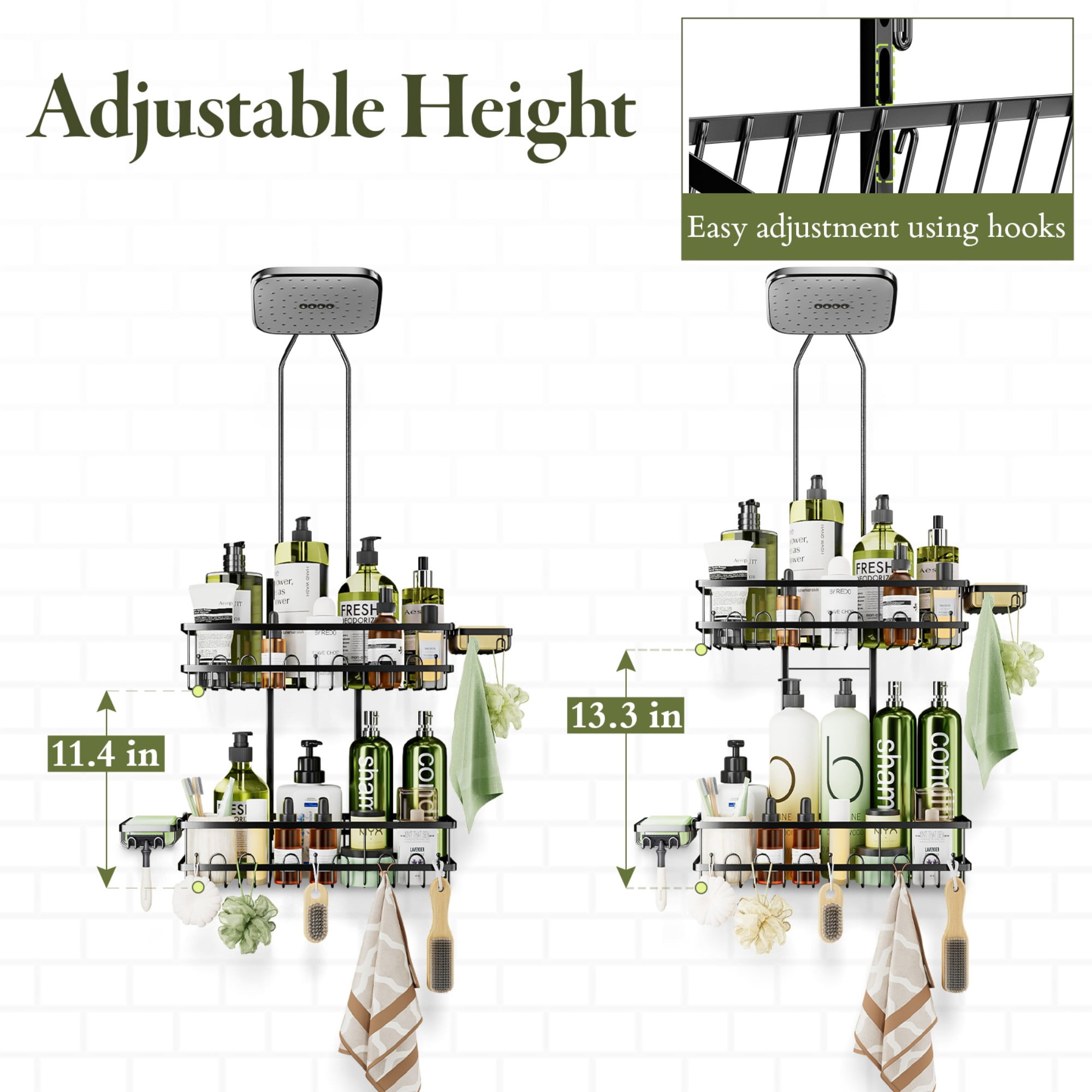 SHINGONE Shower Caddy Hanging: Adjustable Height Organizer for over Showerhead - Black Rustproof Shower Shelves with Hooks & 2 Soap Holders
