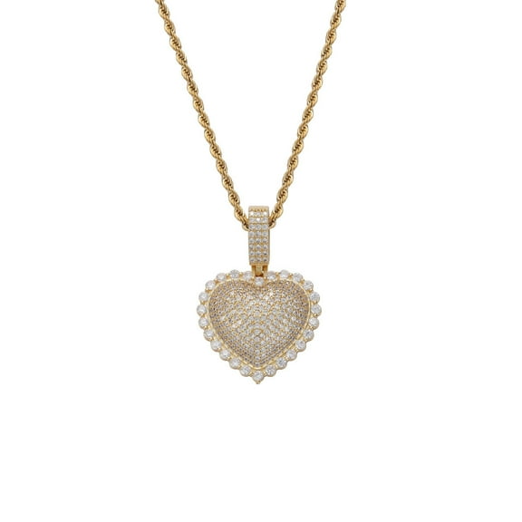 Heart 14K Yellow Gold Pendant Necklace Concave Iced Out Cubic Zirconia Heart Charms Fashion Jewelry