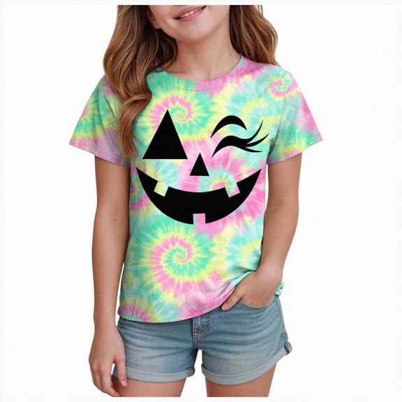 KPOPLK Girls Halloween T Shirt Cute Tie Dye Graphic Short Sleeve Crew Neck Kids Fall Party Top Size 6-7 Years,Light Green