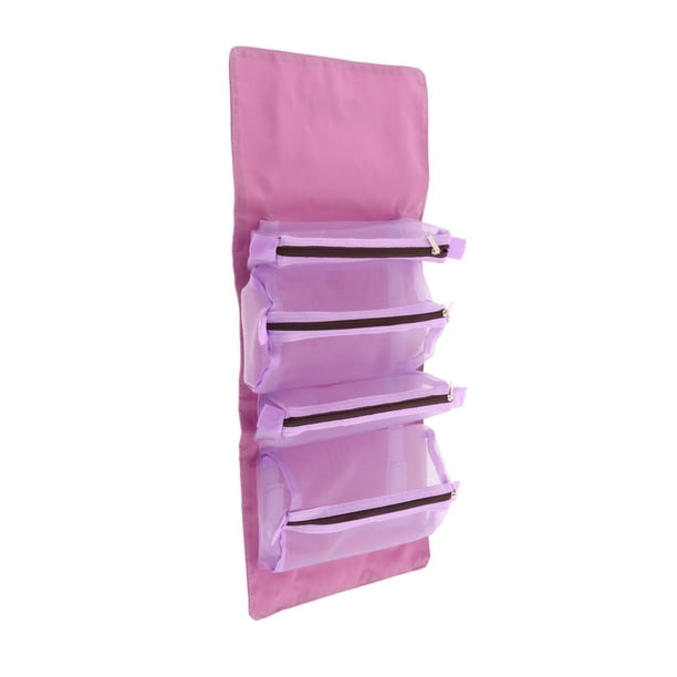 Neceser colgante multicompartimento | Organizador de maquillaje y cosméticos plegable de malla Púrpura