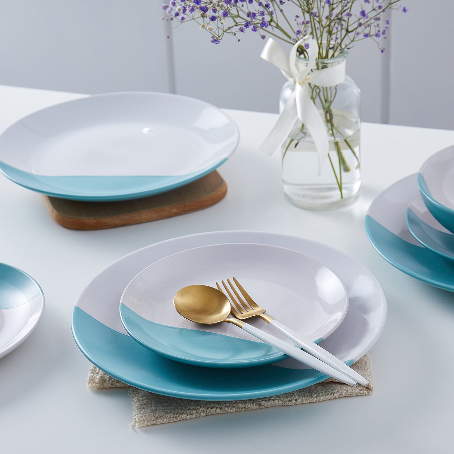 Stone Lain Lizzy Stoneware 12-Piece Round Dinnerware Set, Teal, CB
