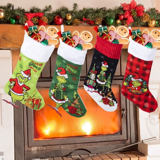 Juego De 4 Medias Navideñas Inspiradas En Grinch - Tamaño 46 Cm De Largo, Tela Franela, Para Colgar En Chimenea