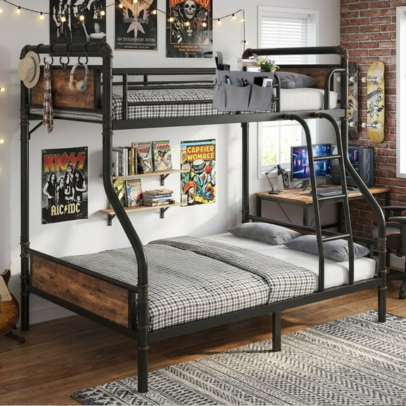 Vipuse Bunk Bed Twin Over Full, Heavy Duty Metal Bunkbeds with Ladder and Full-Length Guardrail, Convertible into 2 Individual Beds for Teens and Adults, Under-Bed Storage Space, Vintage Brown
