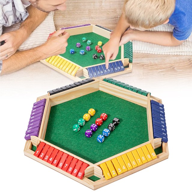 Wooden Shut The Box Dice Game for 6 Players, Family Pub Math Strategy Activity with 8 Dice, Social Interactive Fun for Parties and Educational Learning (A)