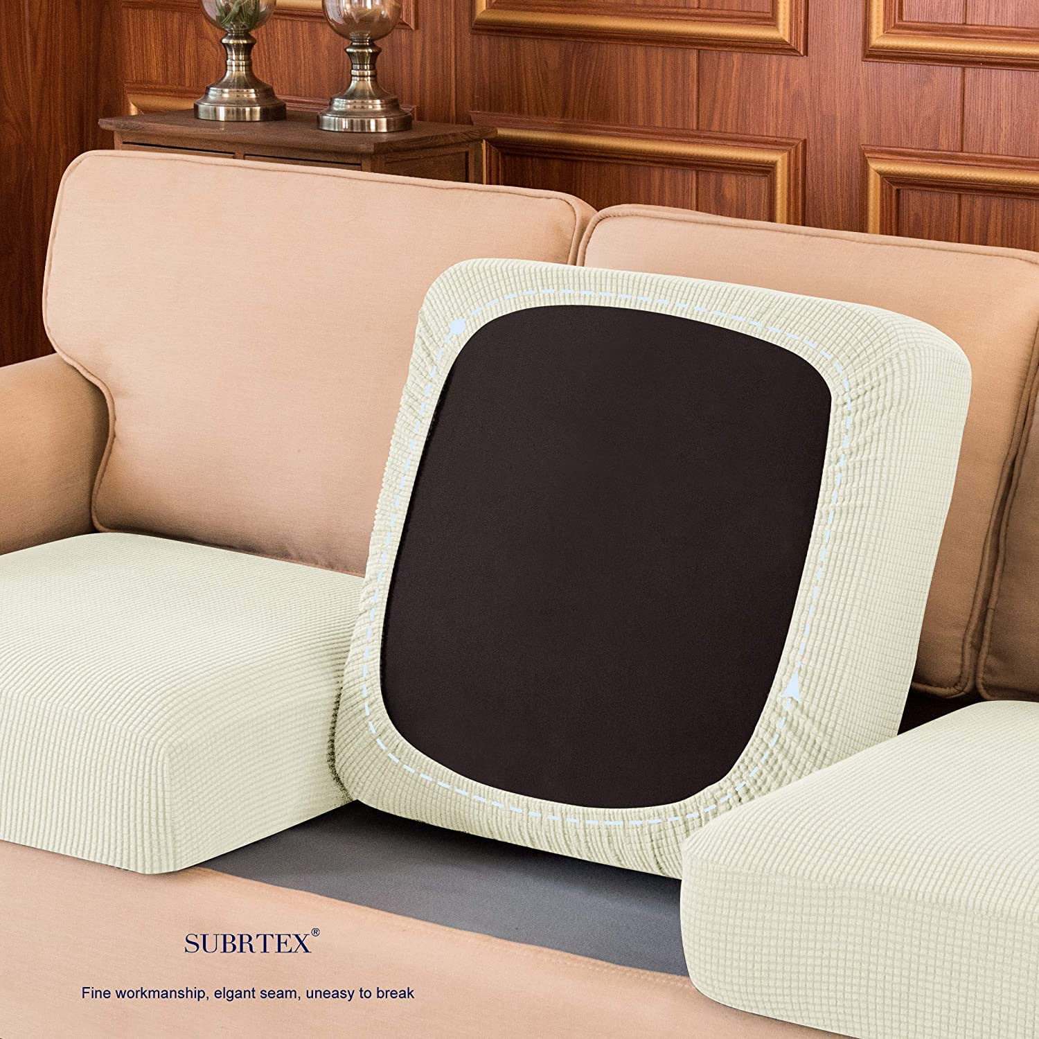 Subrtex Cushion Covers Separate Seat Stretch Textured Grid (3PCS, Ivory)