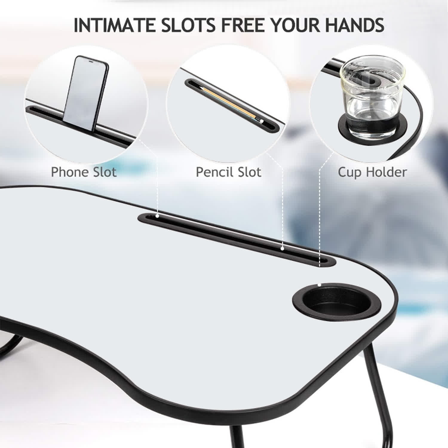 Xilee Foldable Laptop Table, Portable Lap Desk Bed Table Tray Gray and White Matte Metal and Wood Construction, Foldable Design with Cup Holder,for Working Writing Reading & Eating