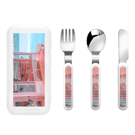 

Bingfone Pastel Pink Beach Cafe Print Toddler Utensils Kids Silverware 3pcs Safety Stainless Steel Toddler Fork Spoon Knife Set Children Flatware Set