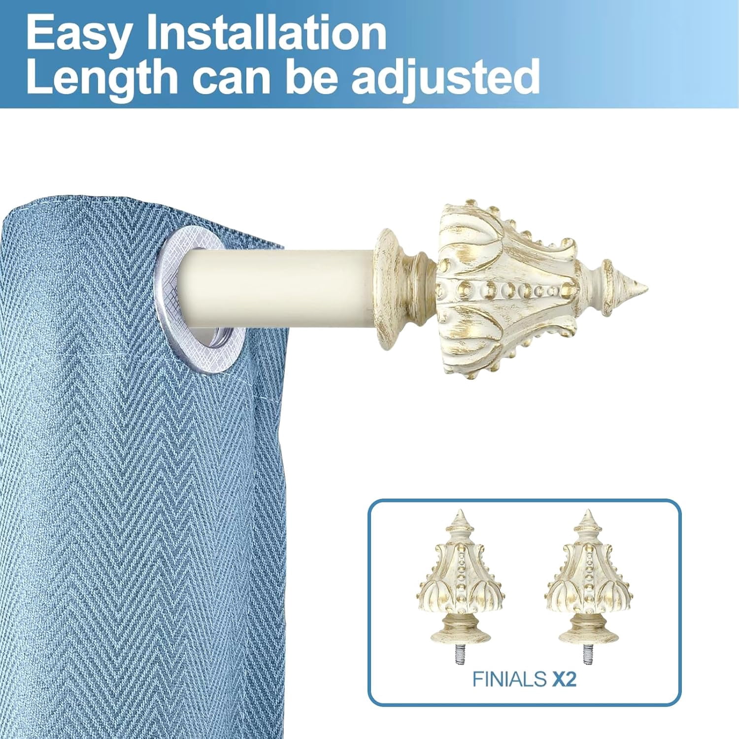 Urbanest Adjustable Single Curtain Rod Set Gilded Regale Finials – 1 - Inch Diameter, With French White Rod, 84–120 Inches