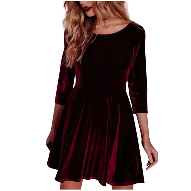 cfhntfmh Robes d'Automne pour Femmes en Velours Confortables à Col Rond Robe T-Shirts Ample Décontractée à Manches 3/4 Robe Courte Unie