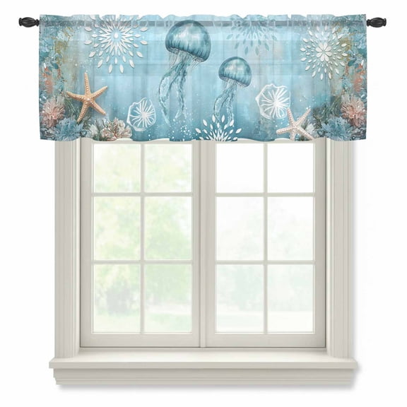 Coastal Jellyfish Valance Curtains for Kitchen/Living Room/Bathroom/Bedroom Window, Rod Pocket Small Topper Half Short Window Curtains Voile Sheer Scarf, Blue Coral Starfish Abstract Painting 54"x18"