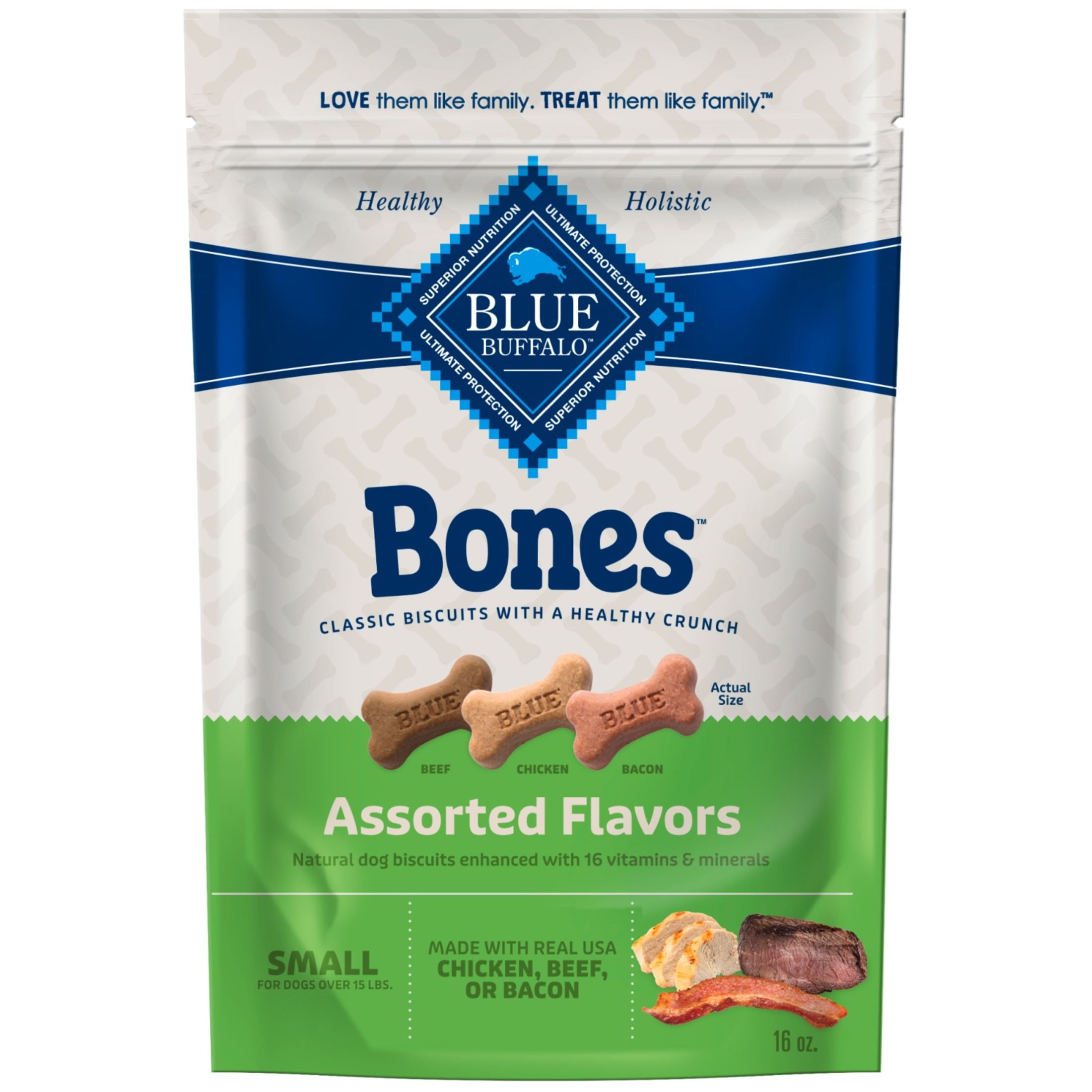 (6 pack) Blue Buffalo Bones Natural Dog Treats, Small Dog Biscuits, Assorted Flavors, 16-oz. Bag