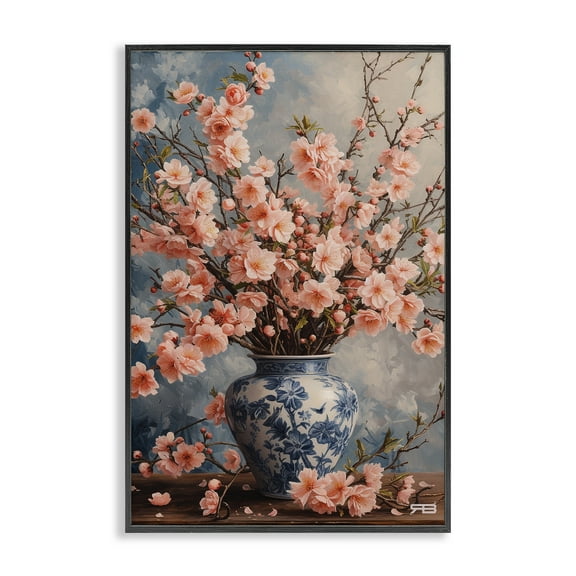 Stupell Industries Detailed Cherry Blossom Vase Botanical & Floral Painting Black Framed Art Print Wall Art, 12 x 18