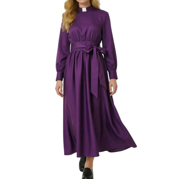 Karymi Womens Dresses Elegant Satin Women Minister Long Dress, Stand Tab Collar Puff Long Sleeve Ruched Bust Self-Tie Belt Flowy Dress