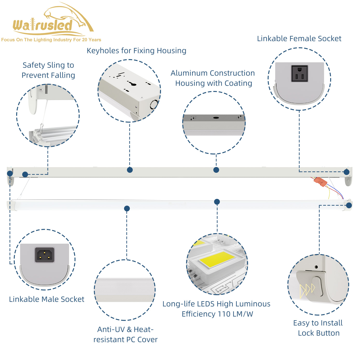 4FT Linkable 80W LED Shop Light, 8800lm, 3000K/4000K/5000K, Utility Shop Ceiling Lights for Garages, Workshops, SCR Dimmable 4 Foot Linear Strip Work Light Fixture with Plug and Power Cord, FCC