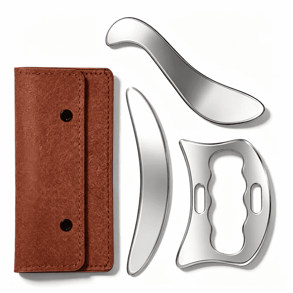 3-Piece Stainless Steel Gua Sha Muscle Scraper Tool Set with Storage Bag, Square, S-Shaped and D-Shaped Body Massage Tools for Arms, Legs, Neck, Shoulders and Back