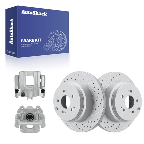 AutoShack Rear Solid Drilled & Slotted Coated Brake Rotors Silver Matte Finish   Calipers 4-PC Brake Kit Replacement for 2007-2013 Acura MDX 2010-2013 Acura ZDX TurboGuard 13.15" (333.9 mm)