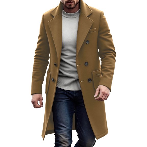 SYMOID Mens Khaki Double-Breasted Long Coat - Warm 50% Wool 50% Polyester Blend, Classic Notched Lapel, Functional Pockets for Cold Weather (Casual to Semi-Formal),Size L