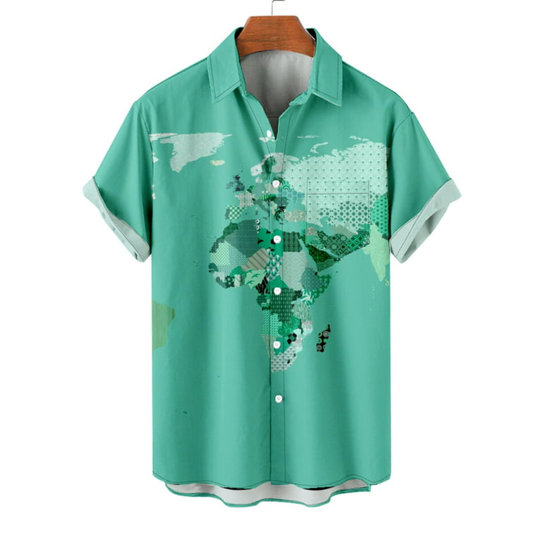 Hawaiian Shirt for Men Aloha Shirt Casual Short Sleeve World Map Printed  Regular Fit Summer Button Down Beach Shirts