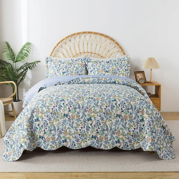 Quilt Sets Queen Size - Floral Quilt 3-Piece,Botanical Bedspreads Wildflower Coverlets for Queen Bed,Microfiber Bed Cover, Queen Quilt Bedding Set All Season Quilts-Variety