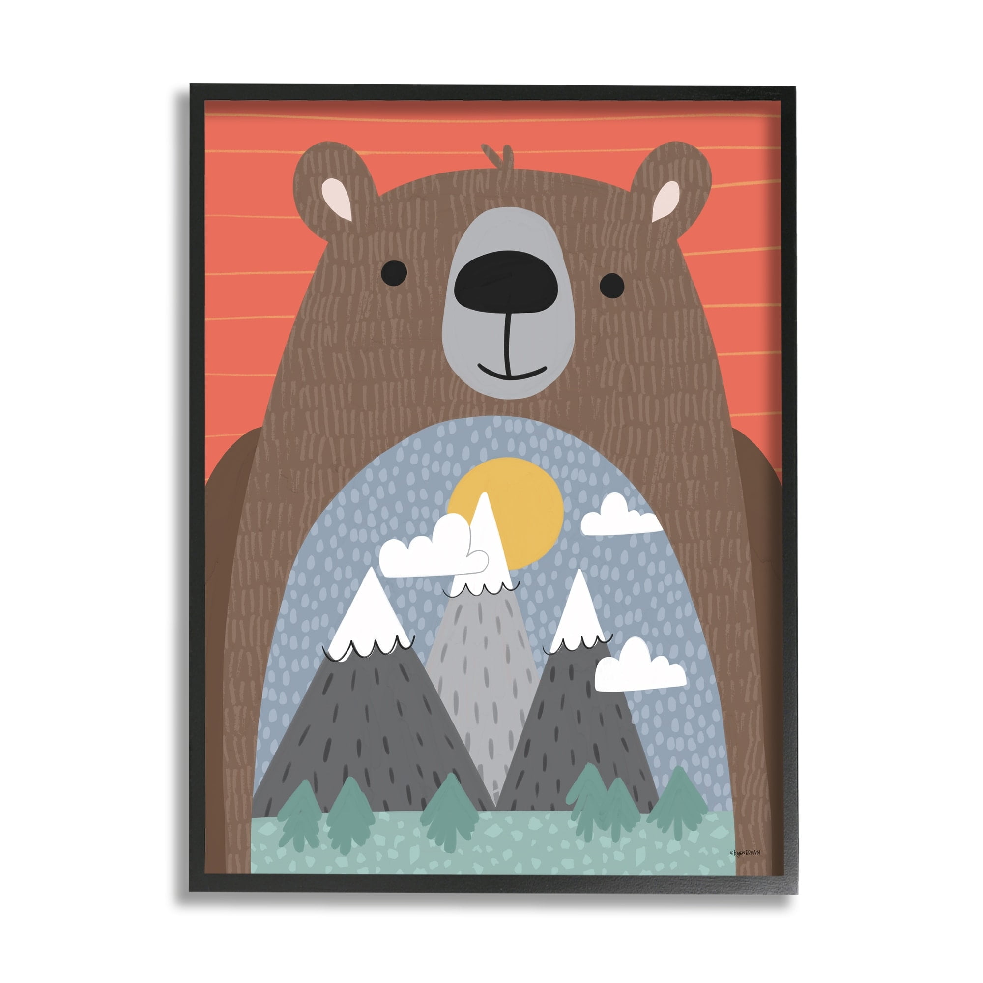 Stupell Industries Happy Brown Bear Mountain Range Landscape Belly Animals & Insects Painting Gray Framed Art Print Wall Art, 11 x 14