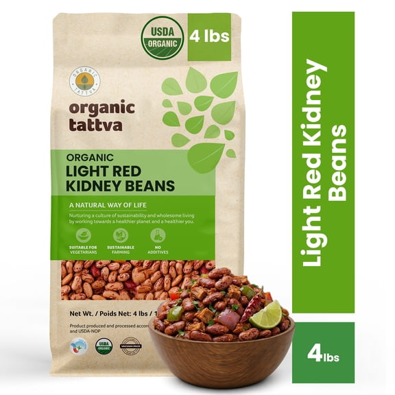 Organic Tattva Light Red Kidney Beans 4LB, Unpolished Pinto Beans, Rajma Chitra, Vegan, Kosher, No Additives, Gluten Free, USDA Certified