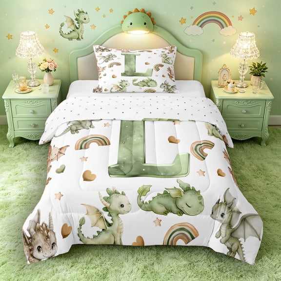 Castle Fairy Dragon Letter L Twin Comforter Sets 3-Piece for Kids,Watercolor Animal Rainbow Bedding Set
