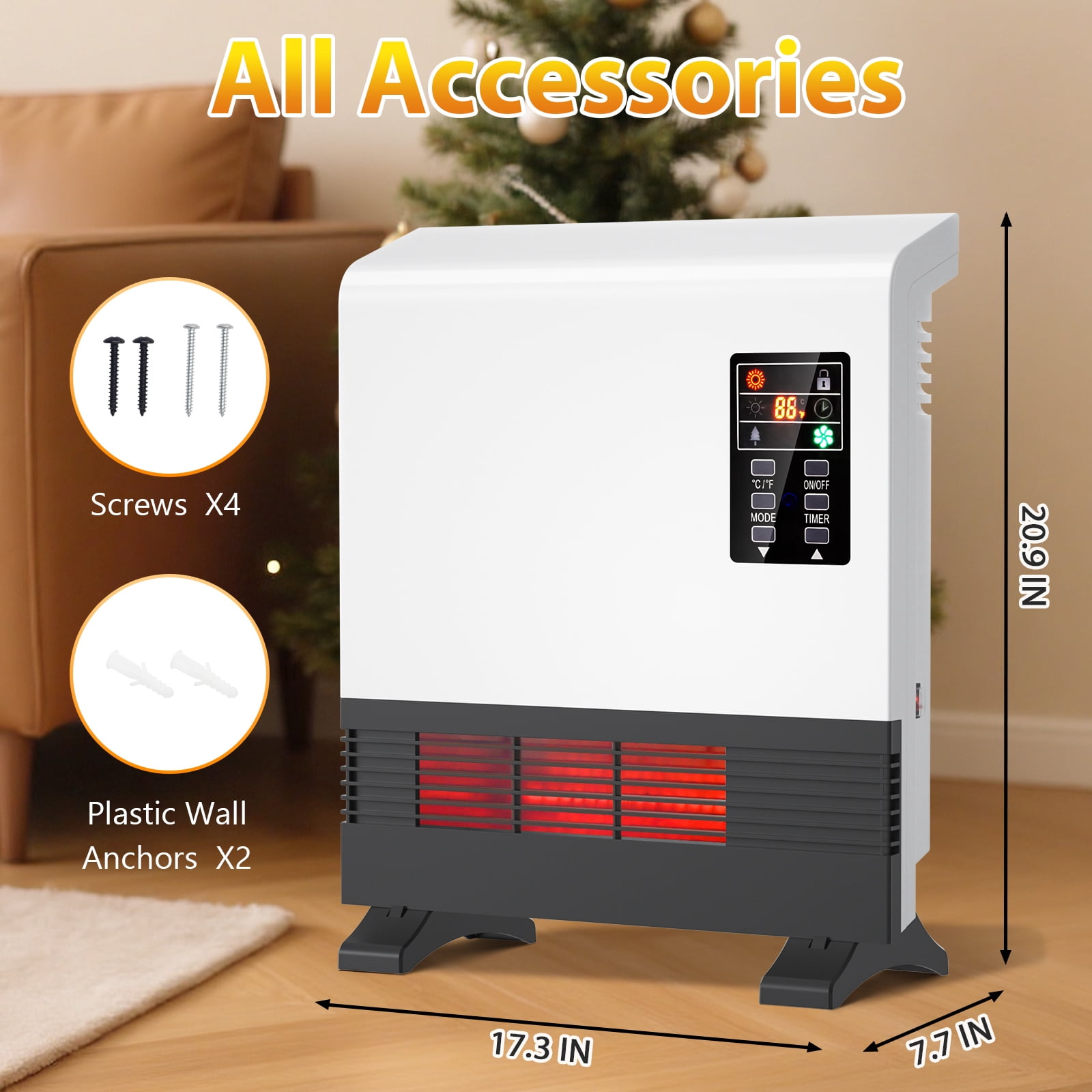 Wall Mounted Room Electric Heater with Standing Base, Energy Saving, Timer, 3 Modes, White
