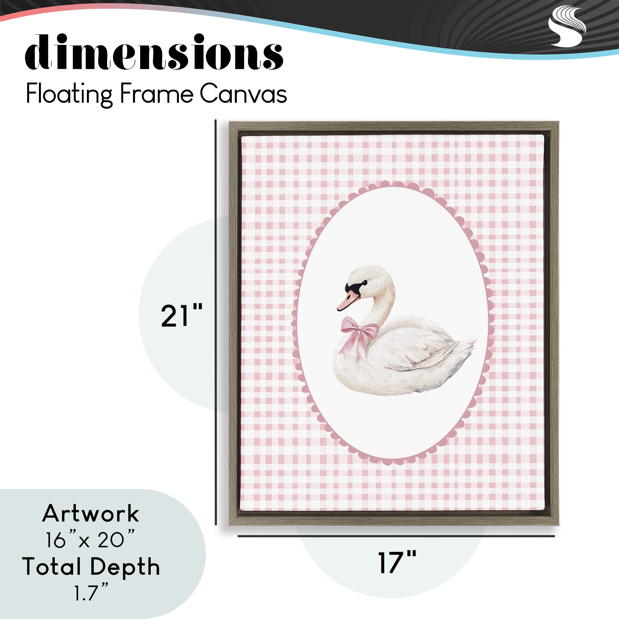 Gentle Swan on Pink Checkered Brown Framed Floater Canvas Wall Art, design by Christine Simpson Art