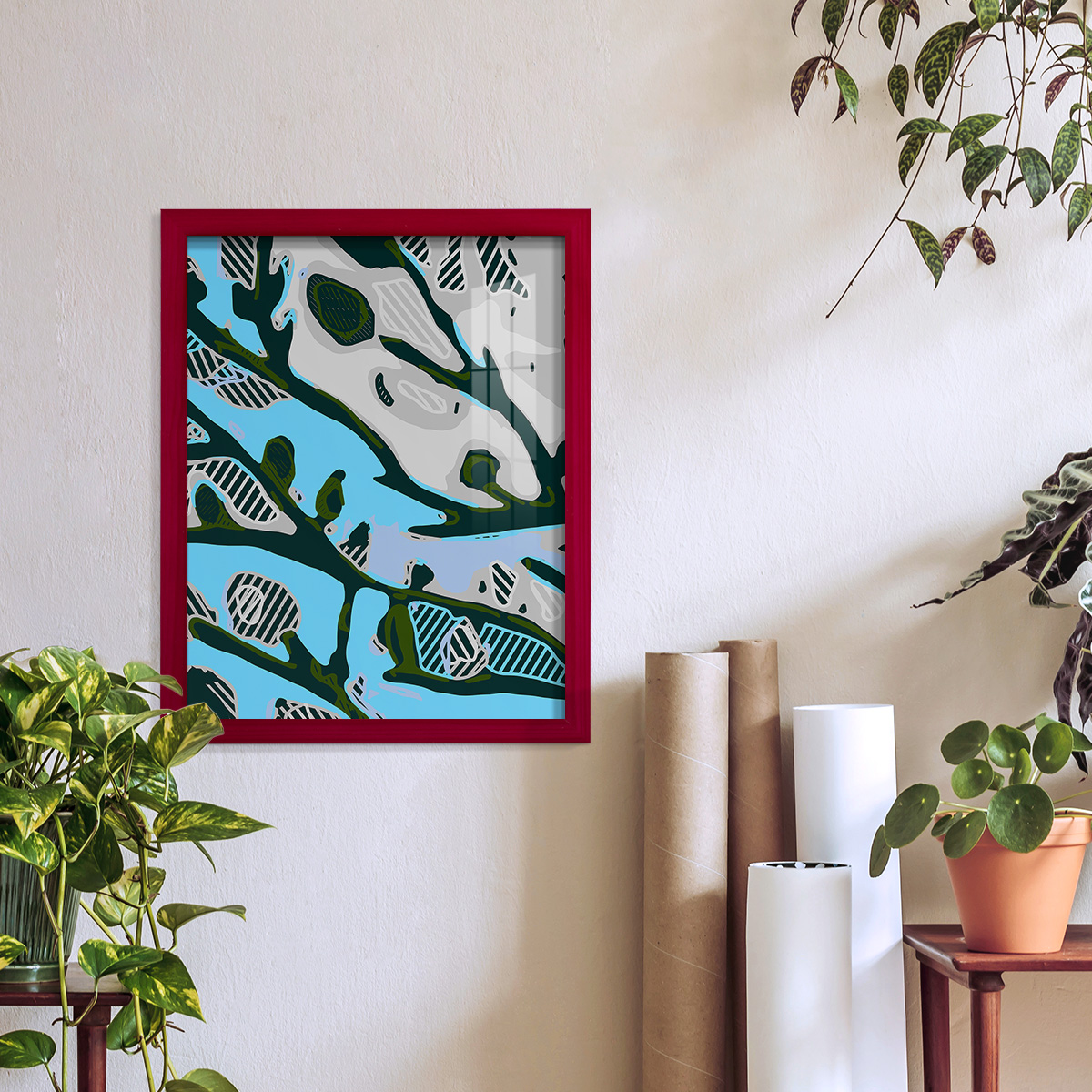 Abstract Tree Limbs I -Framed Print w/glass-Cherry Red