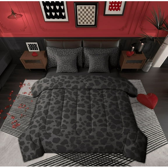 Feelyou Fashion Leopard Print Twin Bedding Sets 7-Piece for Kids, Cartoon Cheetah Animal Bedding Comforter Set, Black Dots Reversible Sheet Sets, Breathable Home Decor