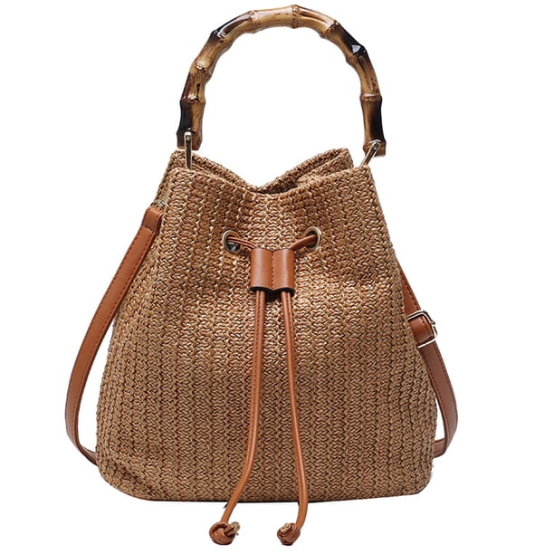 Bolso de paja con cordón y correa de crochet para verano, bolso bandolera tipo bandolera