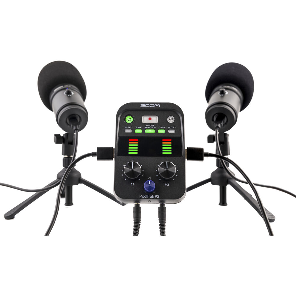 Zoom PodTrak P2 Dual USB Mic Recorder for Podcasters Bundle With 4x AA Batteries With Charger + Extreme Pro 64GB microSDXC Memory Card + Cleaning kit + 6 Pack Wire Straps