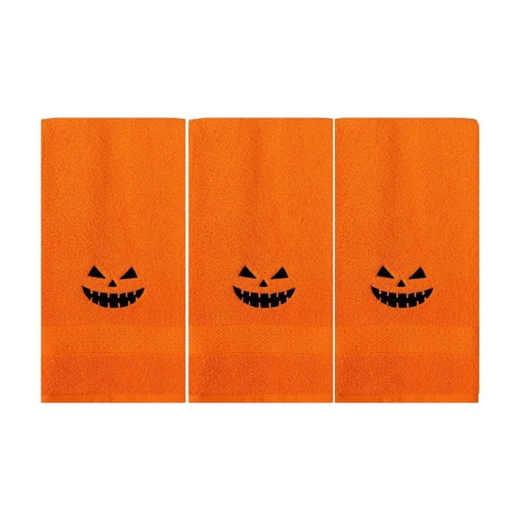 3‑Pack Halloween Jack‑O‑Lantern Embroidered Cotton Towels, 100% Cotton Kitchen Hand Towels, Pumpkin Face Decorative Dish Towels for Kitchen Bathroom Fall Holiday Home Decor