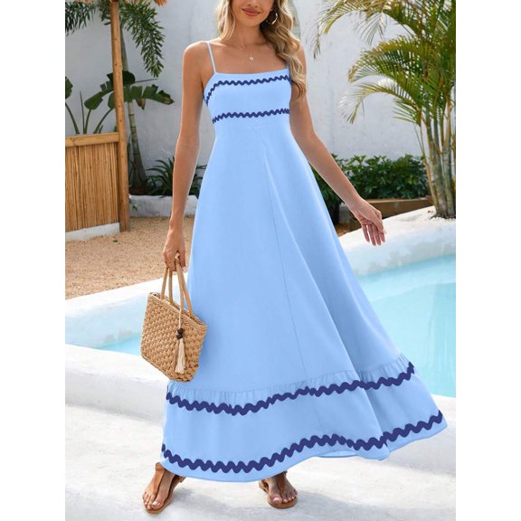 Light Blue Womens Flowy Sleeveless Maxi Dress With Zigzag Trim For Beach Holiday Casual Wear