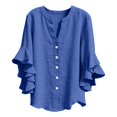 thumbnail image 3 of Only Moment Button Down Shirts for Women Long Sleeve V Neck Ruffle Sleeves Cotton and Linen/Wash Water Wrinkled Cloth Classic Fit Dress Shirt Work Business Casual Long Sleeve Blouse Tops Blue,M, 3 of 9