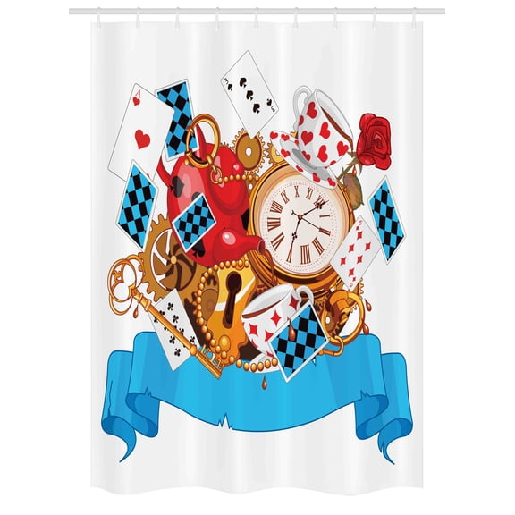 Alice in Wonderland Stall Shower Curtain, Mad Design of Cards Clocks Tea Pots Keys Flowers Fantasy World Artwork, Fabric Bathroom Set with Hooks, 54W X 78L Inches, Multicolor, by Ambesonne