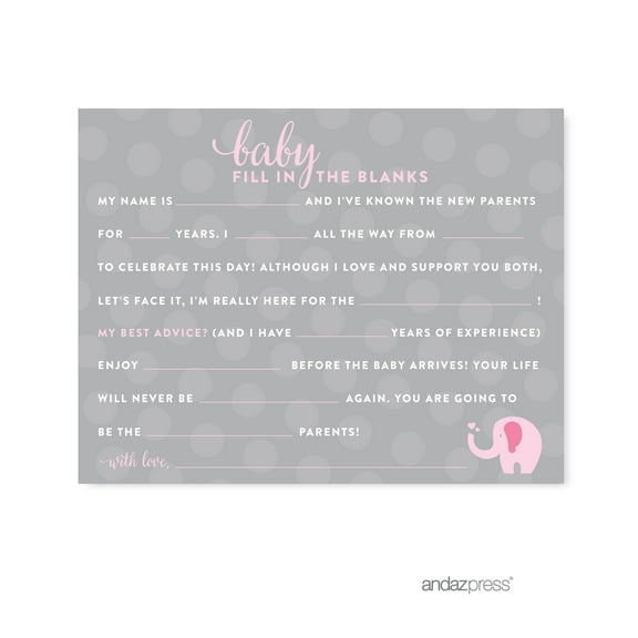 Fill-In-The-Blank Bubblegum Pink Girl Elephant Baby Shower Games, 20-Pack