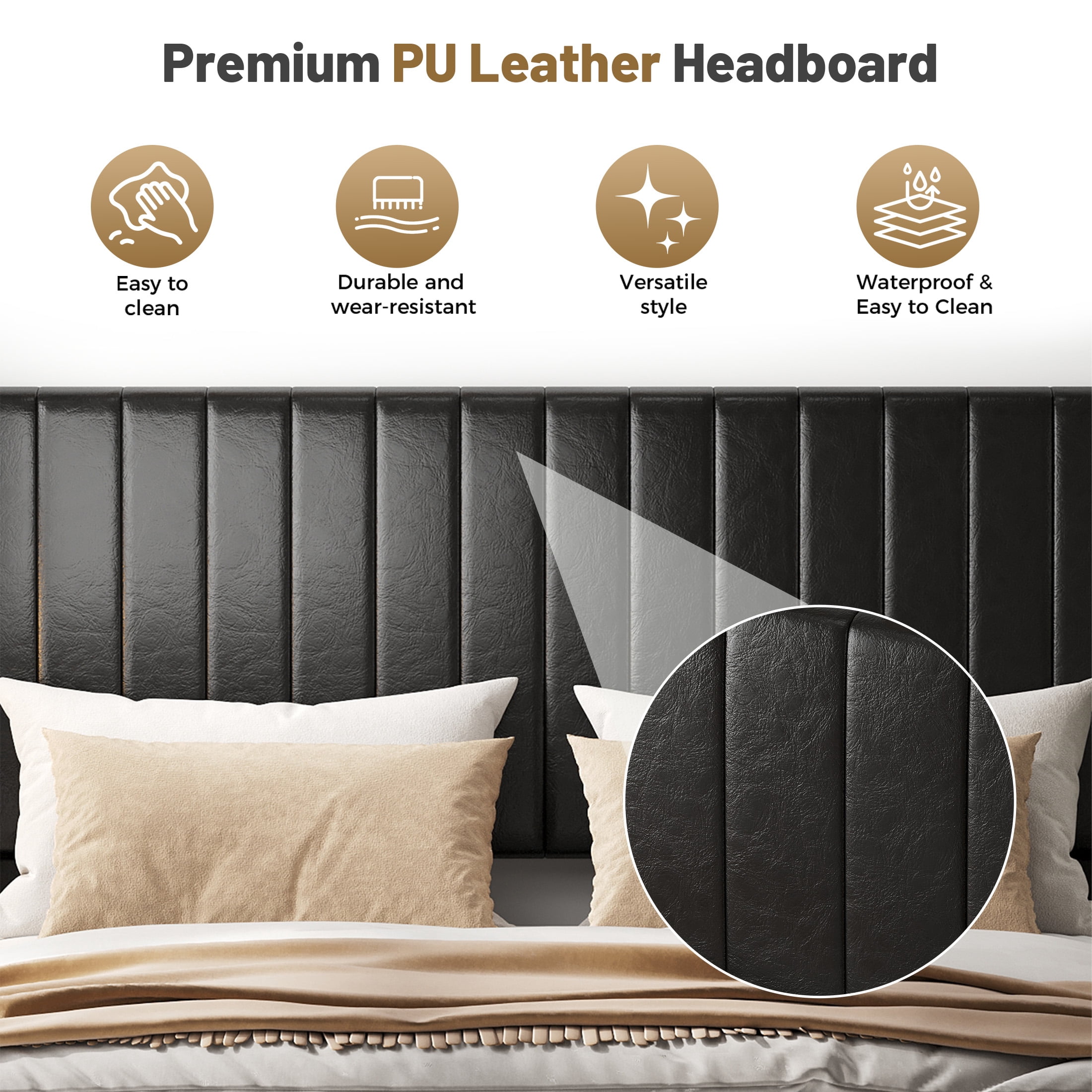 EDX Full Size Upholstered Platform Bed Frame with Padded Wingback Headboard, Modern Accent Bedroom Furniture, Black PU Leather